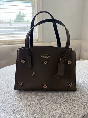 Coach Dark Brown Pebbled Leather Satchel with Floral Stud Details